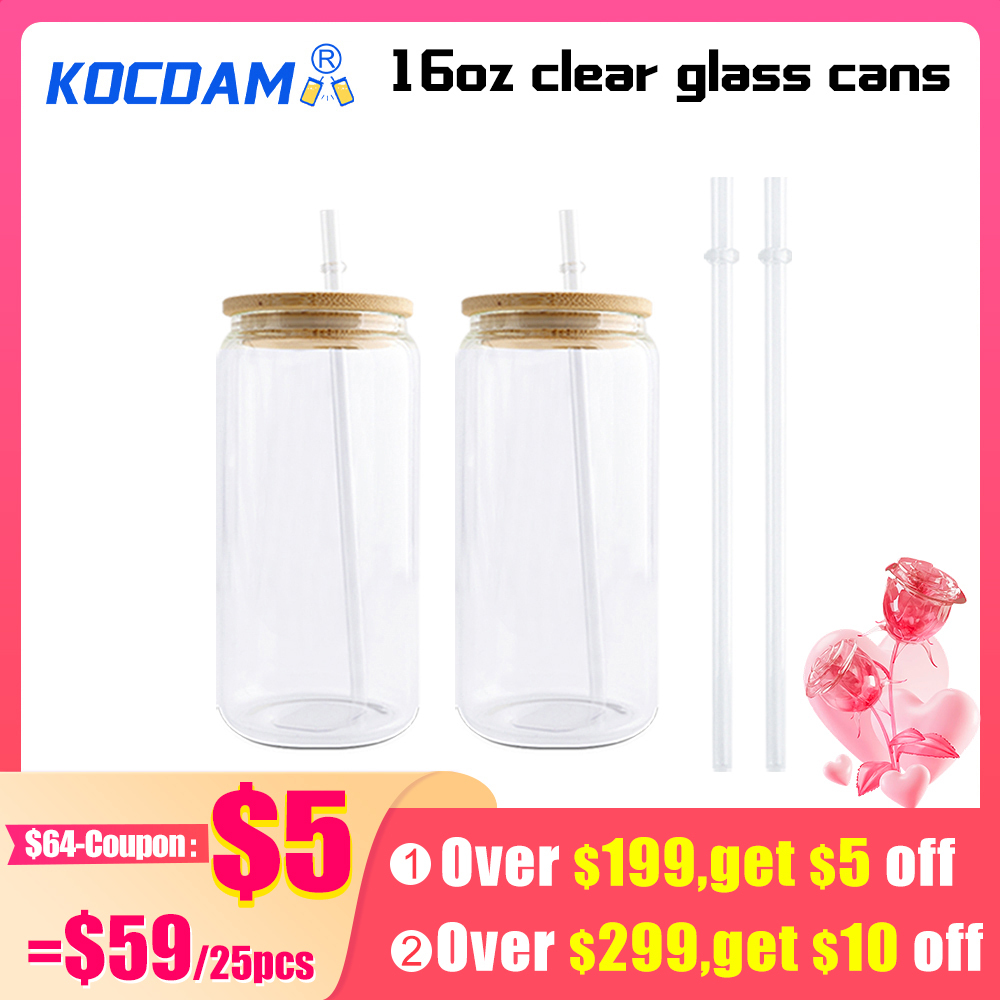 KOCDAM 25/50 Pack 16oz Sublimation Frosted Clear Libby Glass Jar Cans with Bamboo Lids and Plastic Straw