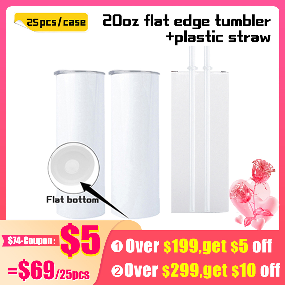 KOCDAM 25 Pack New Style 20oz Flat Edge White Sublimation Tumbler with Straw