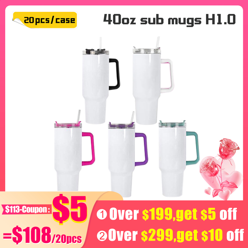 KOCDAM 20 Pack 40oz Sublimation Mug H1.0 Mix Colored Handle with Straw