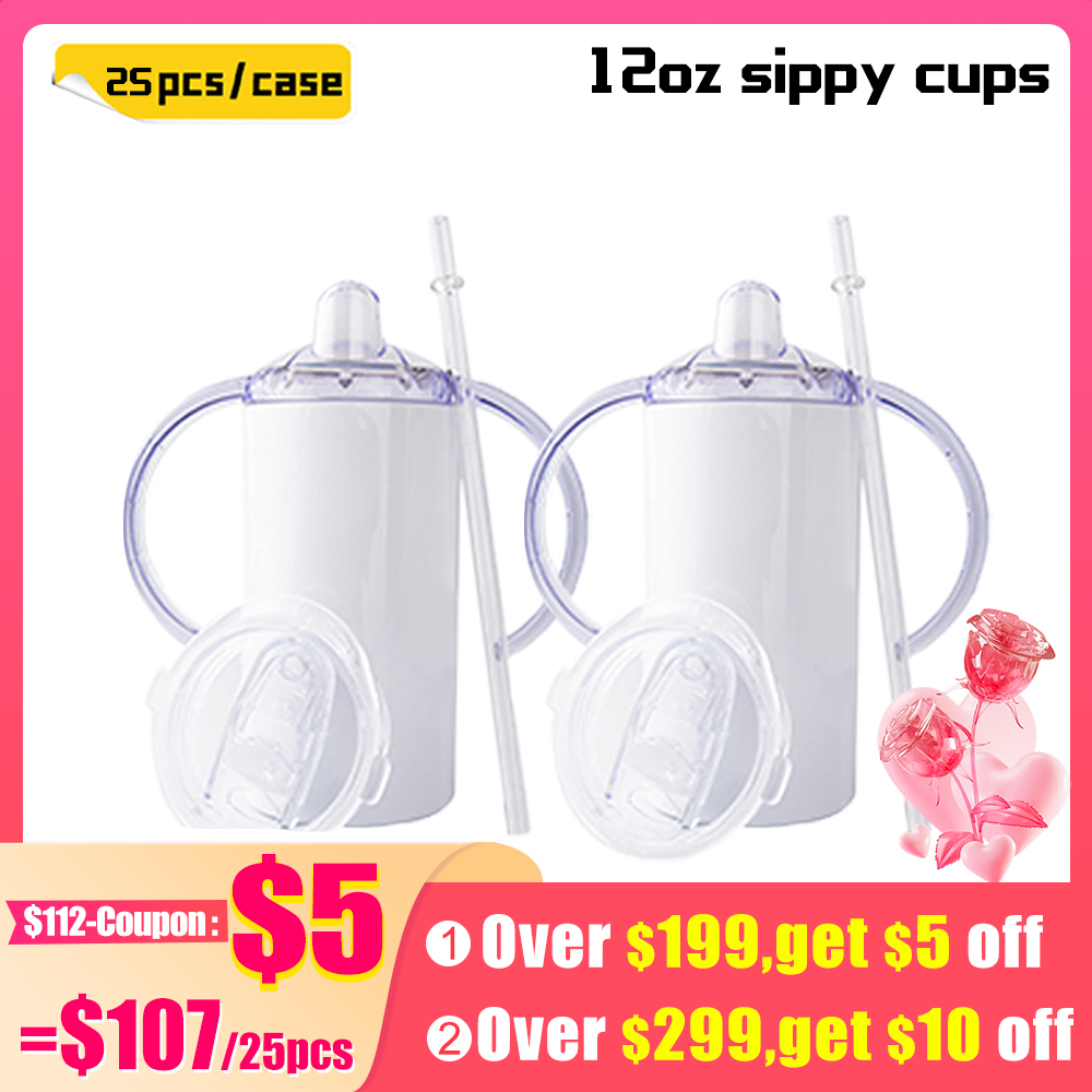 KOCDAM 25 Pack 12oz Stainless Steel Straight Sublimation Blanks Sippy Cup Tumbler With Duo Lid