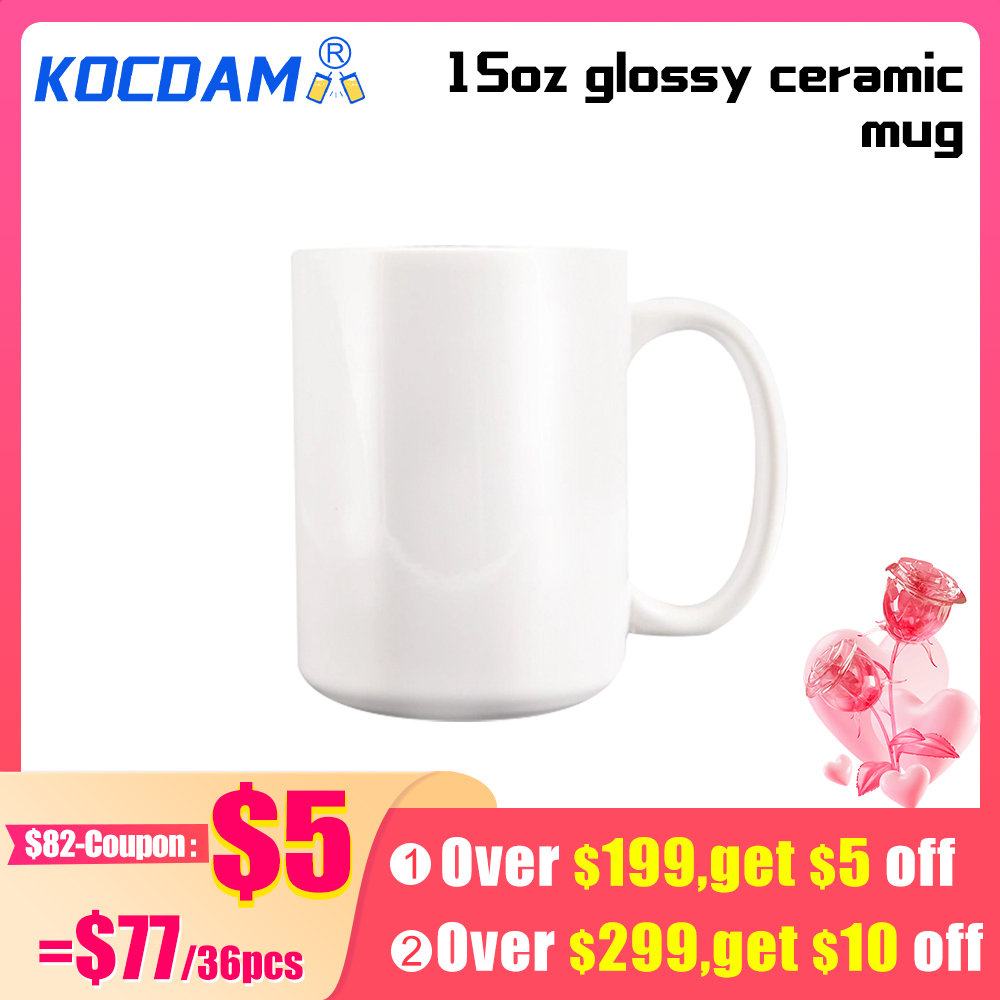 KOCDAM 36pack 15oz White/Color Glossy Ceramic Sublimation Mug with Handle