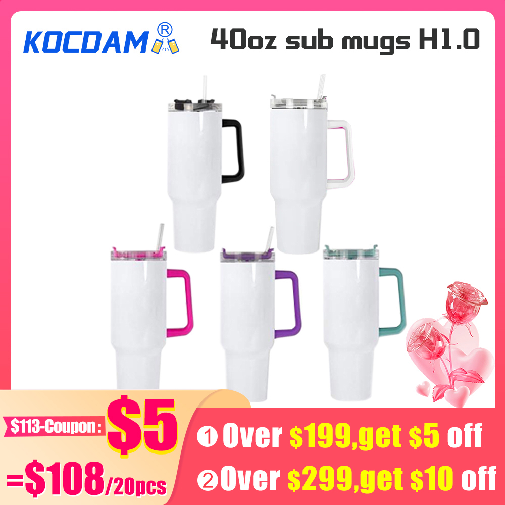 KOCDAM 20 Pack 40oz Sublimation Mug H1.0 Mix Colored Handle with Straw