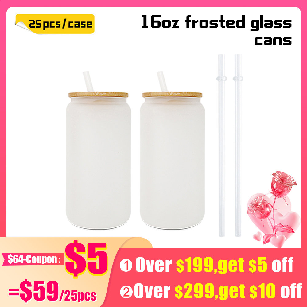 KOCDAM 25/50 Pack 16oz Sublimation Frosted Clear Libby Glass Jar Cans with Bamboo Lids and Plastic Straw