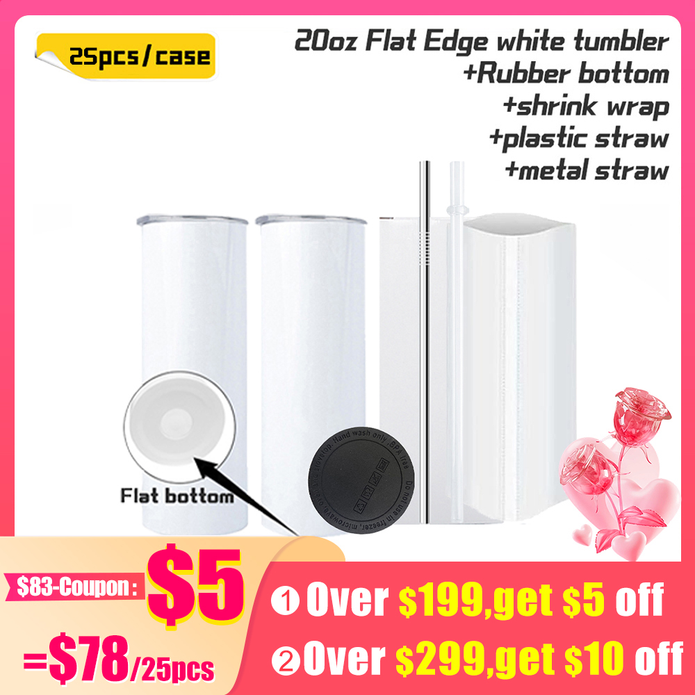 KOCDAM 25 Pack New Style 20oz Flat Edge White Sublimation Tumbler with Straw