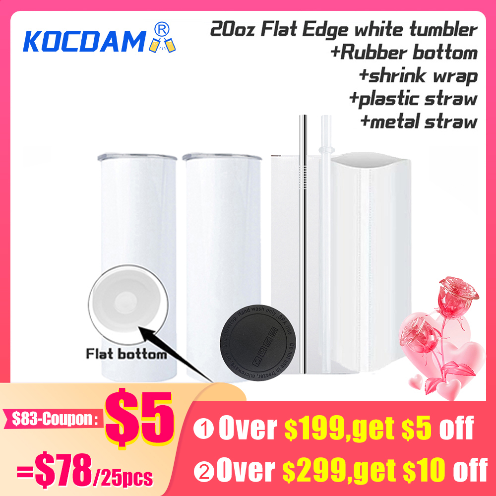 KOCDAM 25 Pack New Style 20oz Flat Edge White Sublimation Tumbler with Straw