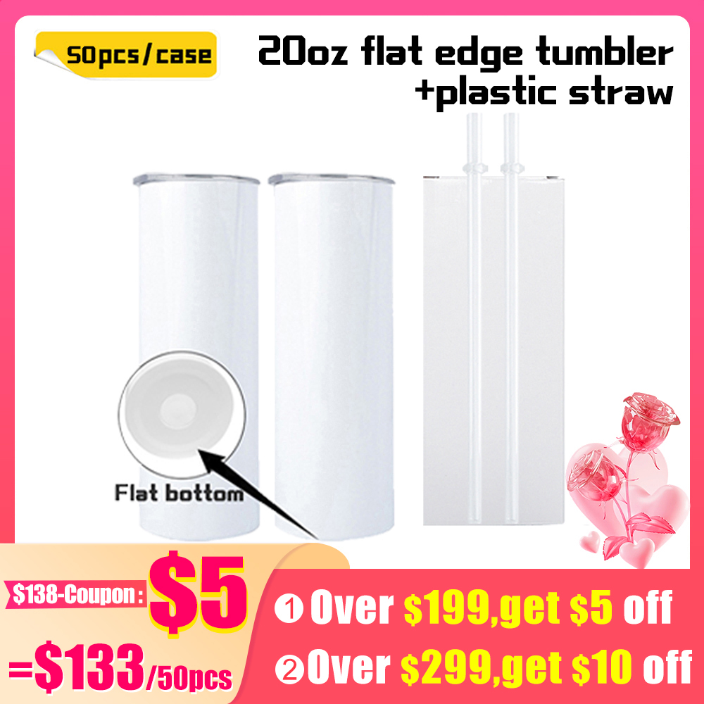 KOCDAM 50 Pack New Style 20oz Flat Edge White Sublimation Tumbler with Straw
