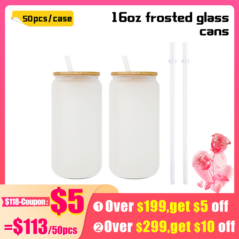 KOCDAM 25/50 Pack 16oz Sublimation Frosted Clear Libby Glass Jar Cans with Bamboo Lids and Plastic Straw