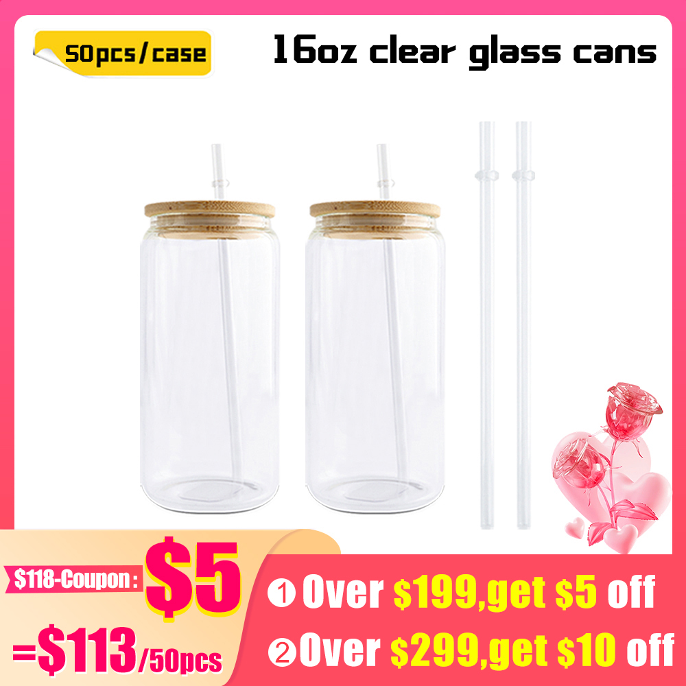 KOCDAM 25/50 Pack 16oz Sublimation Frosted Clear Libby Glass Jar Cans with Bamboo Lids and Plastic Straw