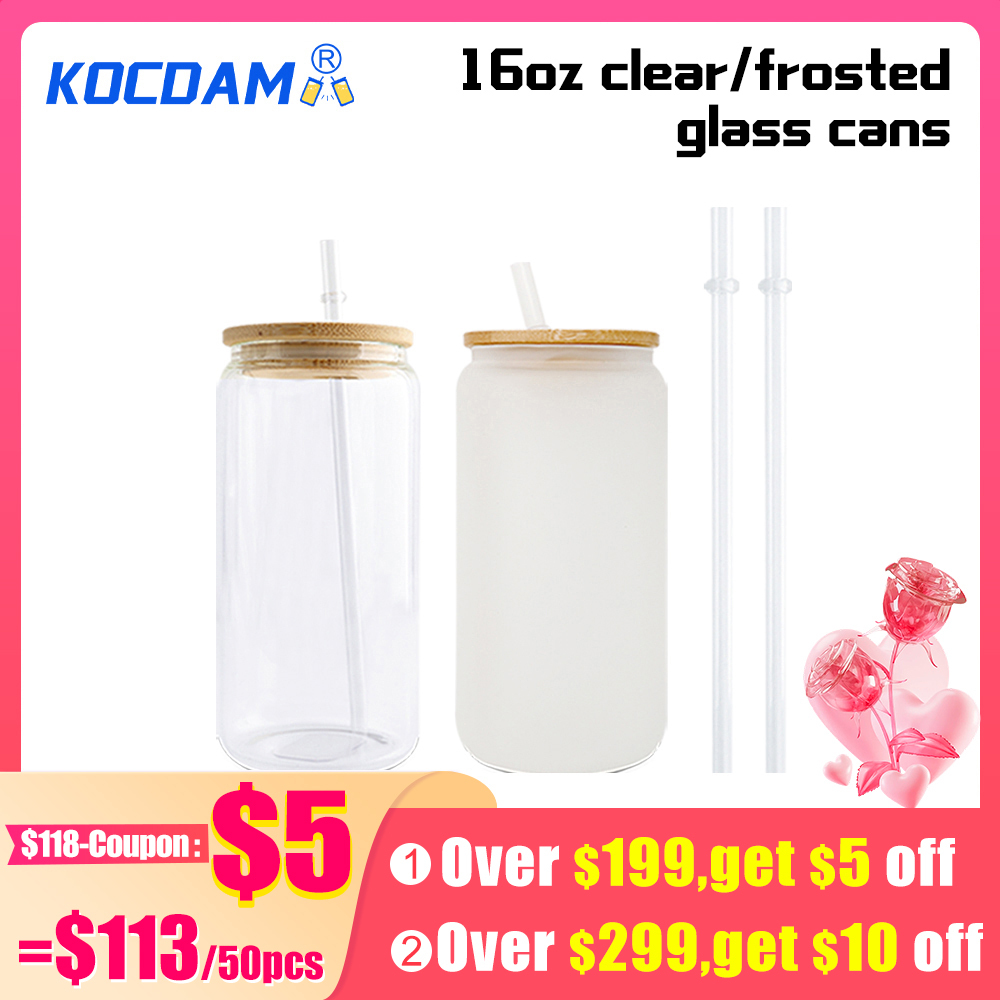 KOCDAM 50 Pack 16oz Sublimation Frosted Clear Libby Glass Can Jar with Bamboo Lids and Plastic Straw