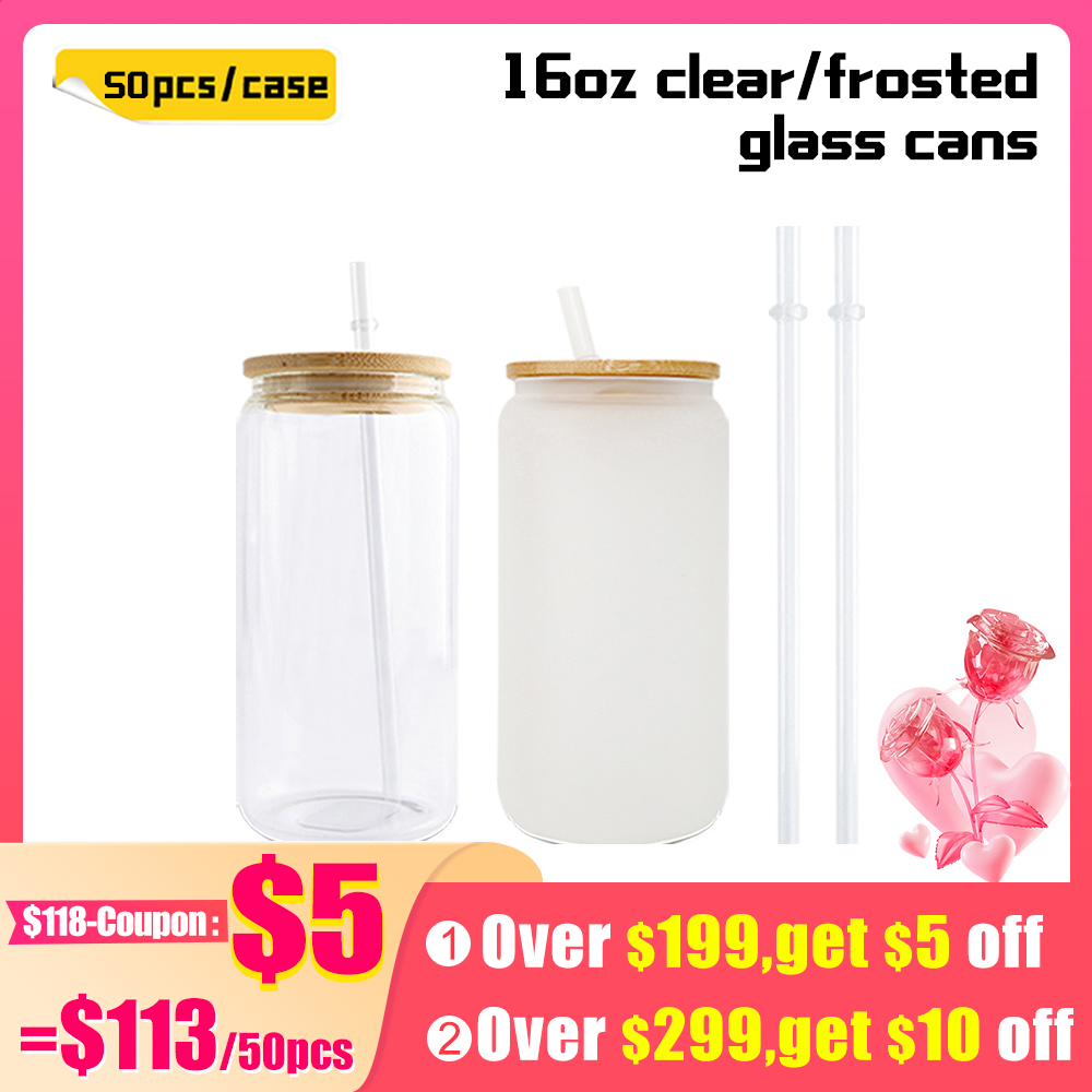 KOCDAM 50 Pack 16oz Sublimation Frosted Clear Libby Glass Can Jar with Bamboo Lids and Plastic Straw
