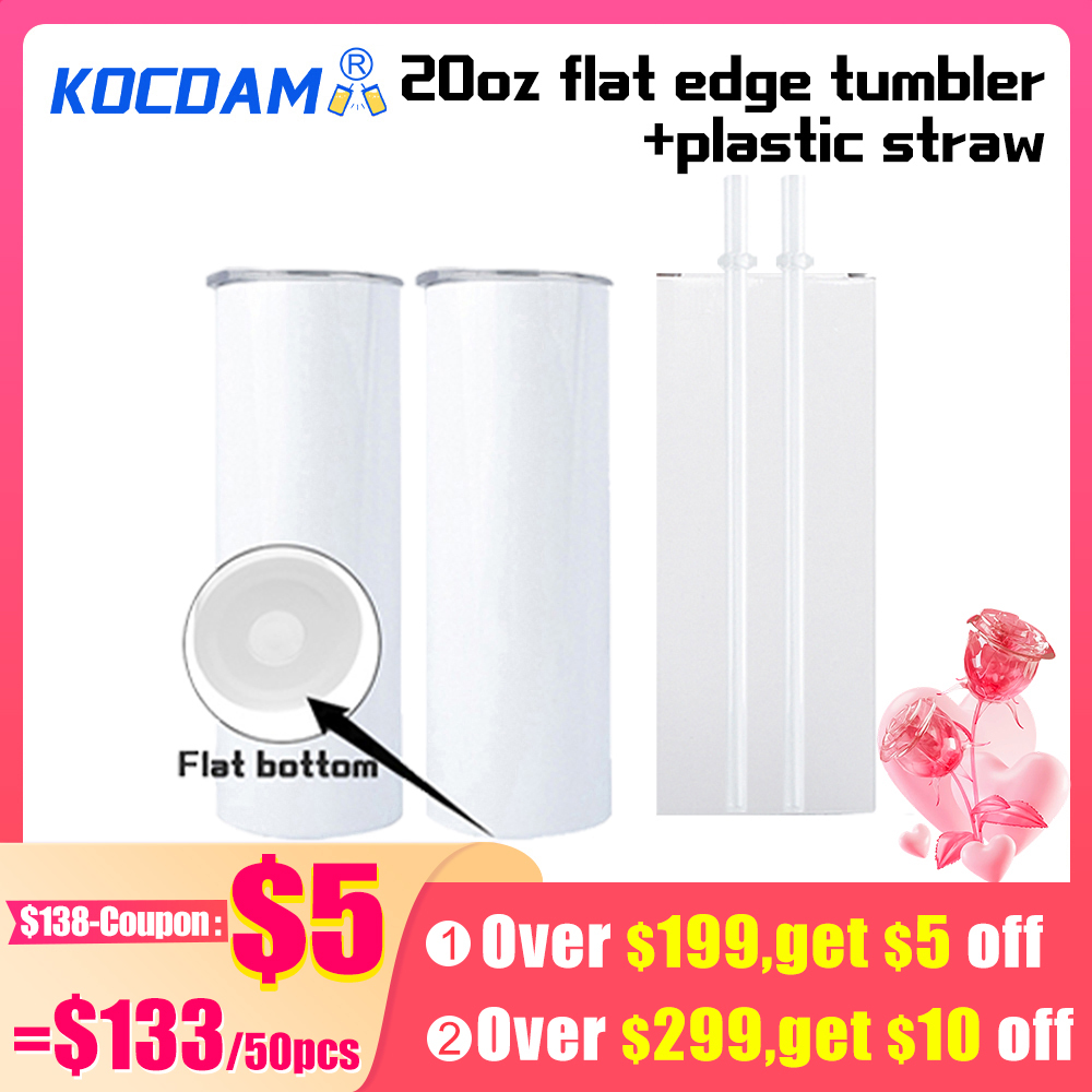 KOCDAM 50 Pack New Style 20oz Flat Edge White Sublimation Tumbler with Straw