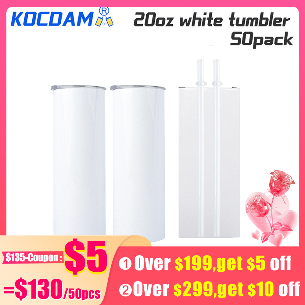 KOCDAM 50 Pack 20oz White Sublimation Straight Skinny Tumbler Blanks with Plastic Straws