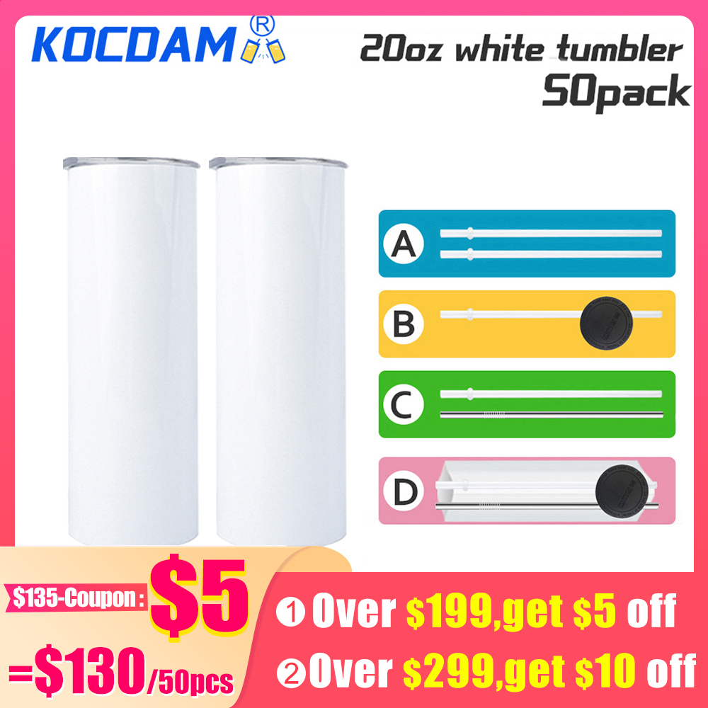 KOCDAM 50 Pack 20oz White Sublimation Straight Skinny Tumbler Blanks