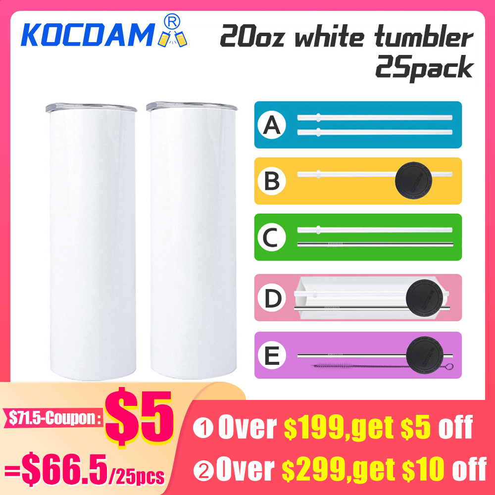 KOCDAM 25 Pack 20oz White Sublimation Straight Skinny Tumbler Blanks