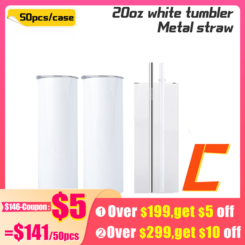 KOCDAM 50 Pack 20oz White Sublimation Straight Skinny Tumbler Blanks