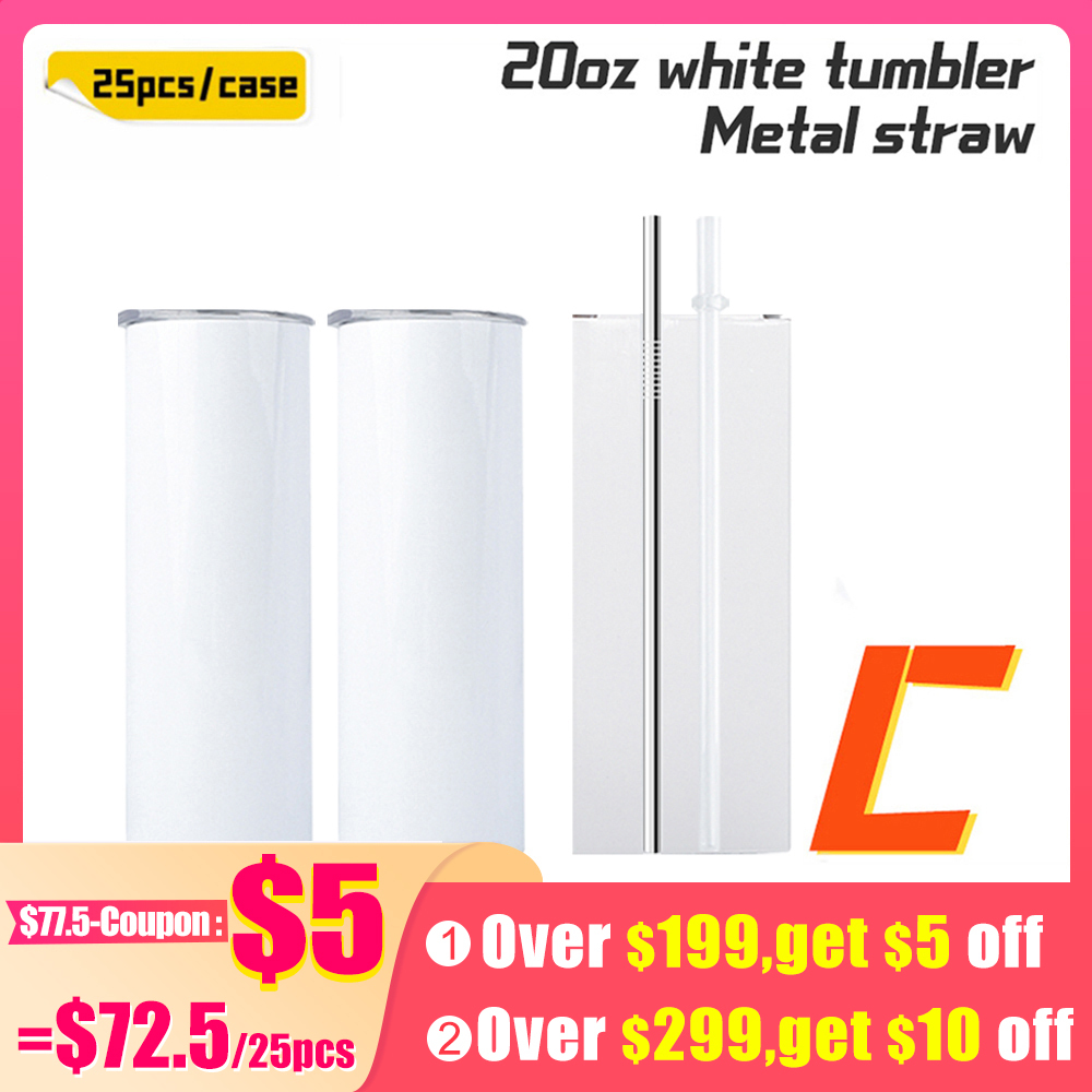 KOCDAM 25 Pack 20oz White Sublimation Straight Skinny Tumbler Blanks
