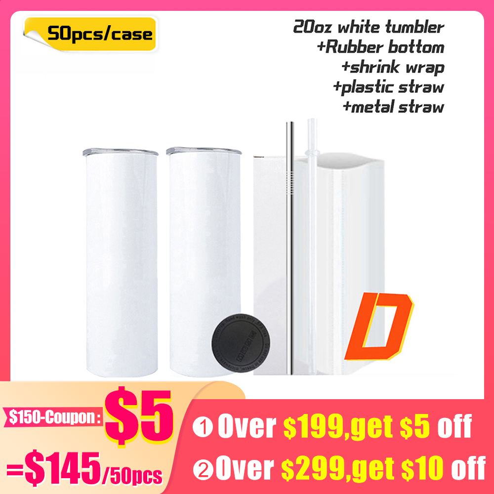 KOCDAM 50 Pack 20oz White Sublimation Straight Skinny Tumbler Blanks