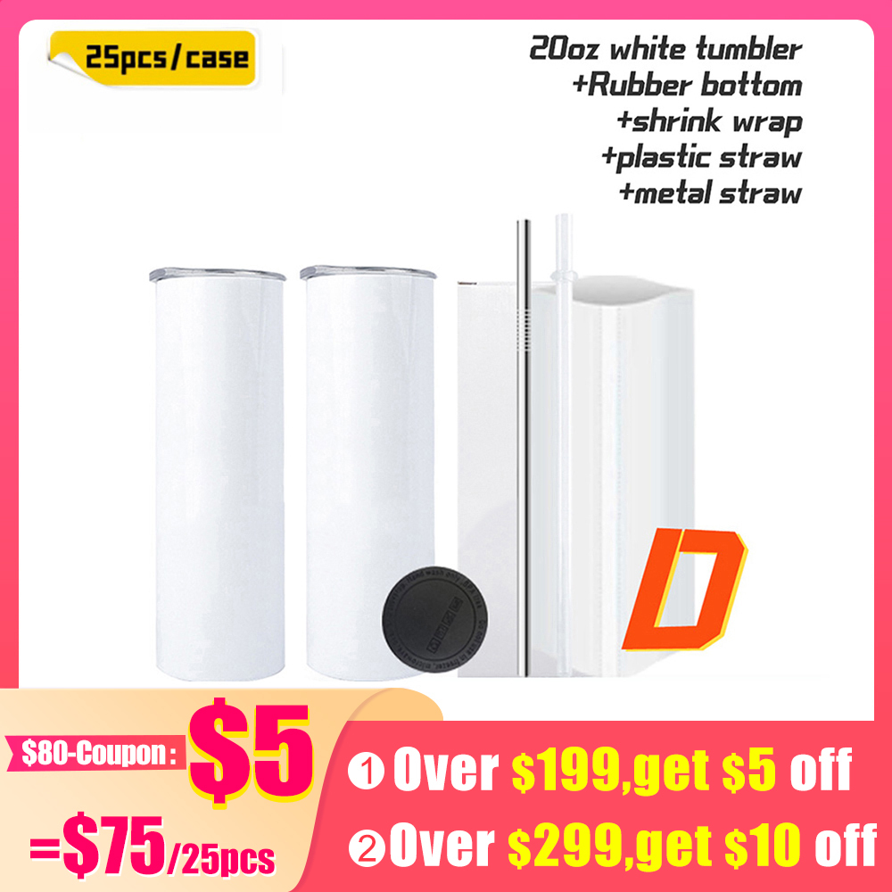 KOCDAM 25 Pack 20oz White Sublimation Straight Skinny Tumbler Blanks