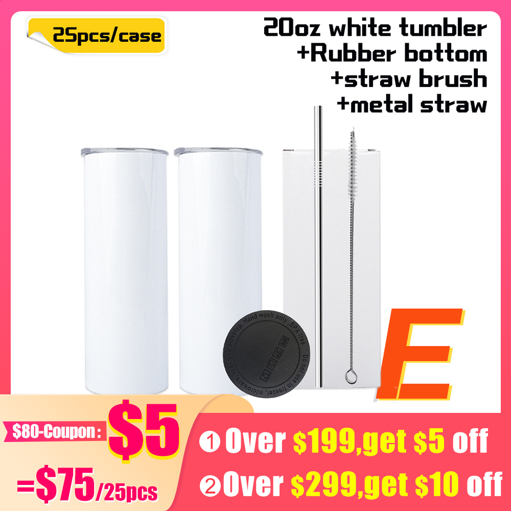 KOCDAM 25 Pack 20oz White Sublimation Straight Skinny Tumbler Blanks