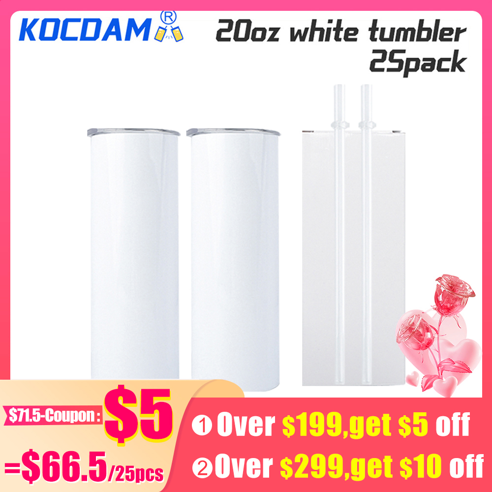 KOCDAM 25 Pack 20oz White Sublimation Straight Skinny Tumbler Blanks with Plastic Straws
