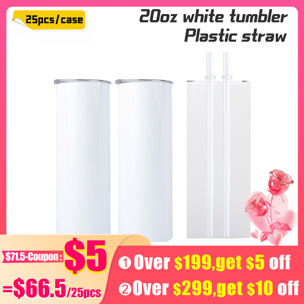 KOCDAM 25 Pack 20oz White Sublimation Straight Skinny Tumbler Blanks with Plastic Straws