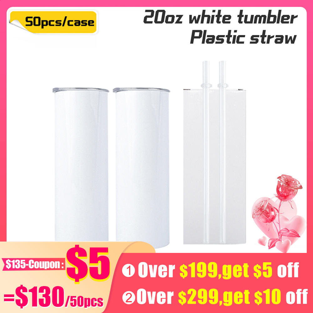 KOCDAM 50 Pack 20oz White Sublimation Straight Skinny Tumbler Blanks with Plastic Straws