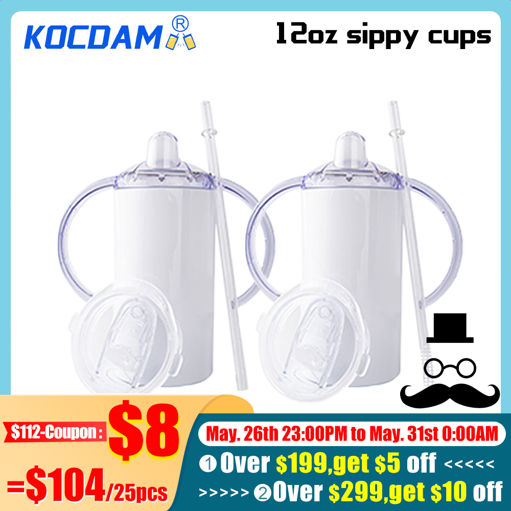 KOCDAM 25 Pack 12oz Stainless Steel Straight Sublimation Blanks Sippy Cup Tumbler With Duo Lid