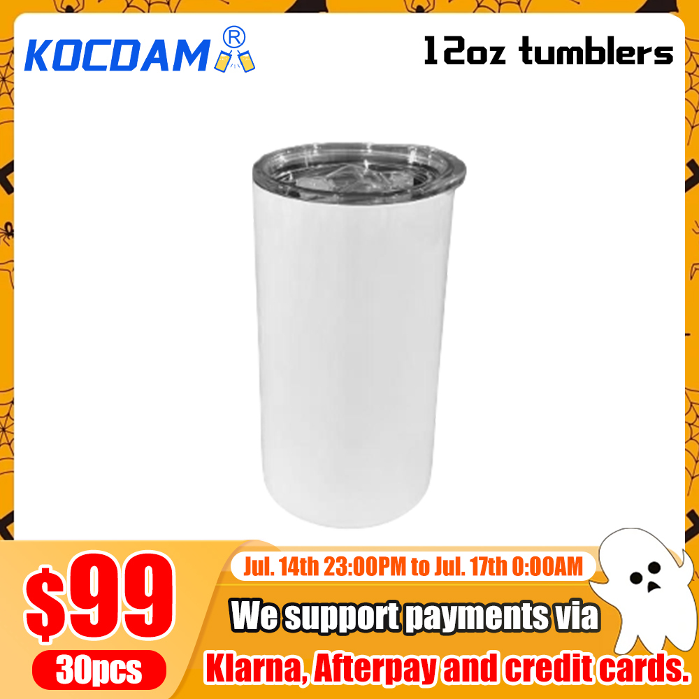 KOCDAM 25 Pack 12oz Sublimation White Skinny Straight Tumbler Blanks with Plastic Straws