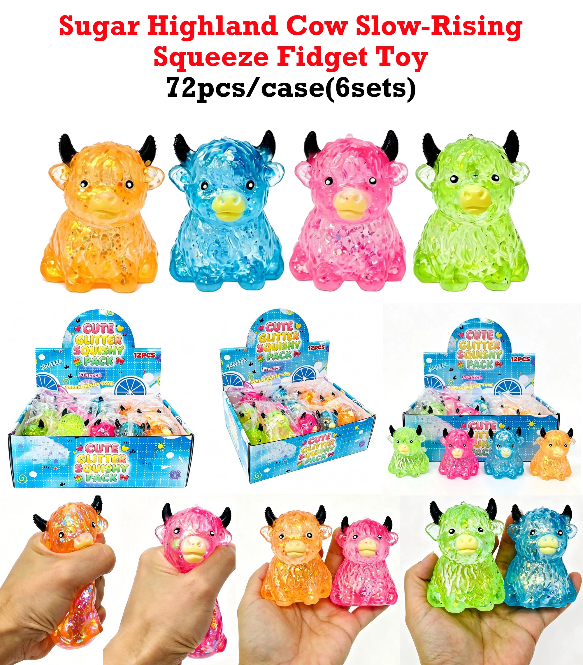 72 Pack KOCDAM USA Warehouse Maltose Slow‑Rising Farm Animal Squeeze Highland Cow Squishy Stress Relief Fidget Toys for Kids
