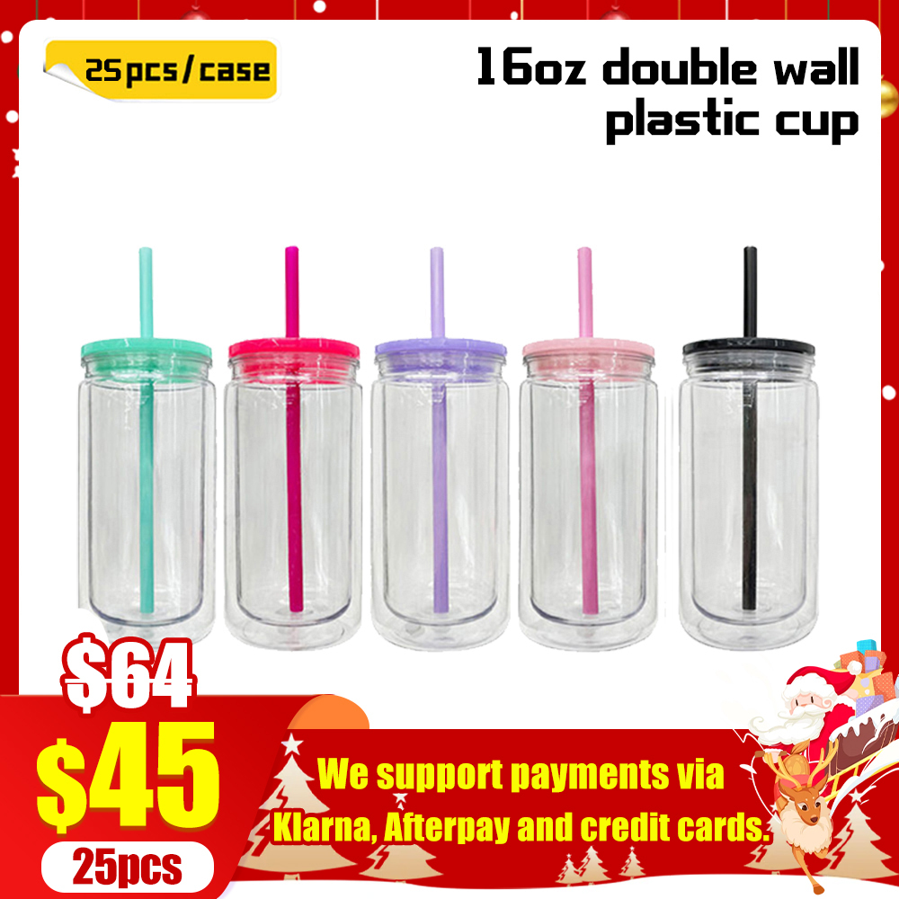 KOCDAM 8/25/50 Pack 16oz Snowglobe Double Walled Plastic Cups With Colors Plastic Lids And Colors Plastic Straw