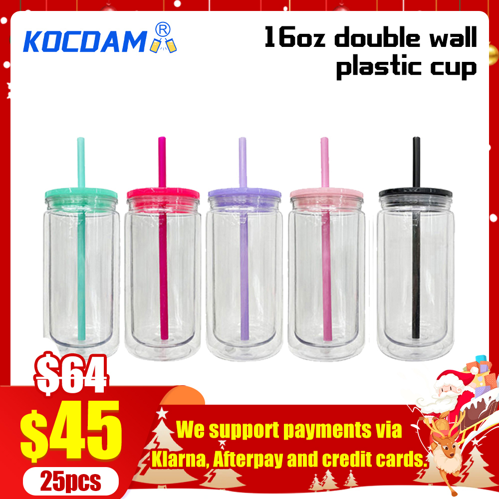 KOCDAM 8/25/50 Pack 16oz Snowglobe Double Walled Plastic Cups With Colors Plastic Lids And Colors Plastic Straw