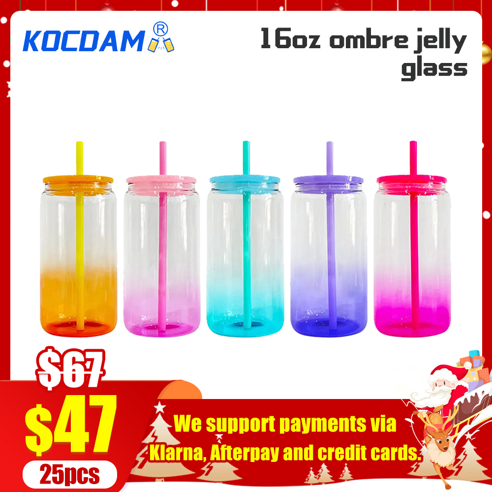 KOCDAM 25/50 Pack Gradient 16oz Sublimation Jelly Ombre Glass Jar Cans With Plastic Colored Lids And Colored Plastic Straw