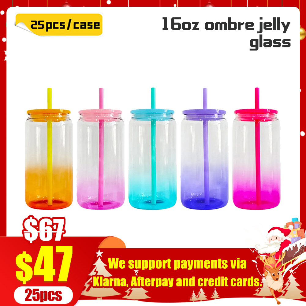 KOCDAM 25/50 Pack Gradient 16oz Sublimation Jelly Ombre Glass Jar Cans With Plastic Colored Lids And Colored Plastic Straw