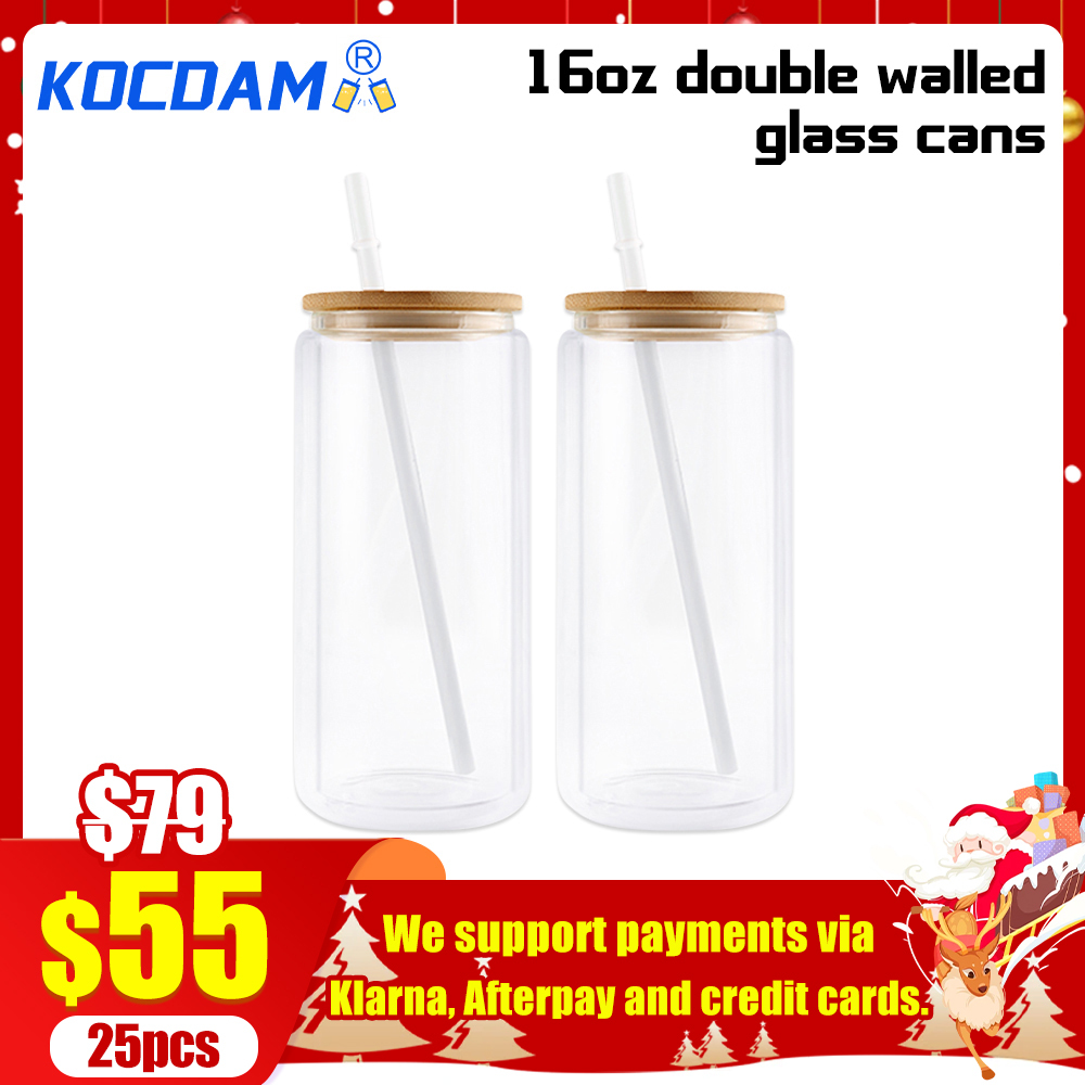 KOCDAM 25Pack 12oz 16oz 20oz Double Wall Sublimation Clear Glass Can Snow Globe Beer Glass Can With Bamboo Lids and Plastic Straw