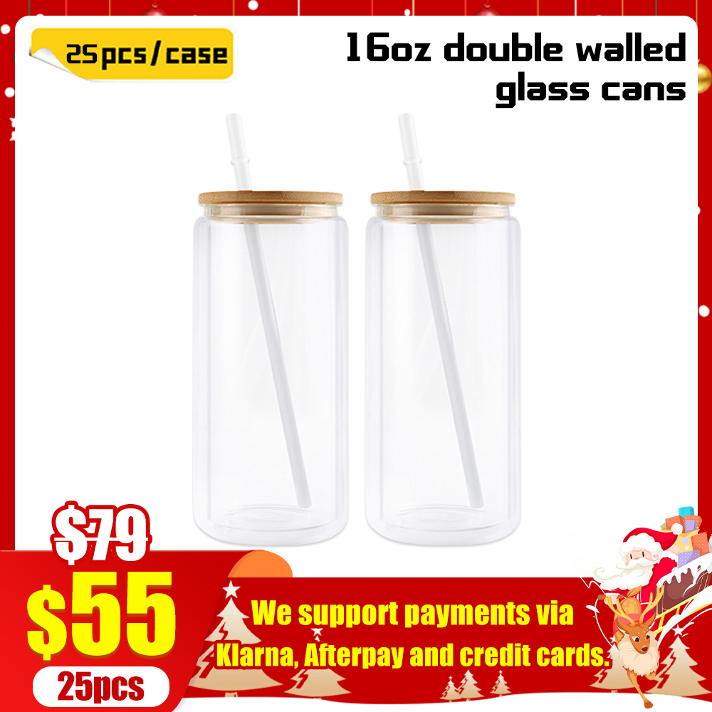 KOCDAM 25Pack 12oz 16oz 20oz Double Wall Sublimation Clear Glass Can Snow Globe Beer Glass Can With Bamboo Lids and Plastic Straw
