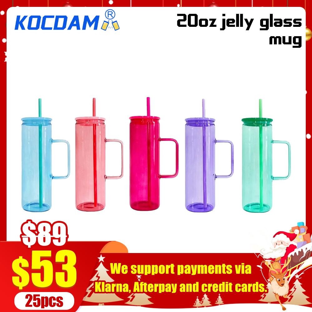 KOCDAM 25Pack 20oz Sublimation Jelly Glass Mugs With Handles With Plastic Colored Lids And Plastic Colored Straw