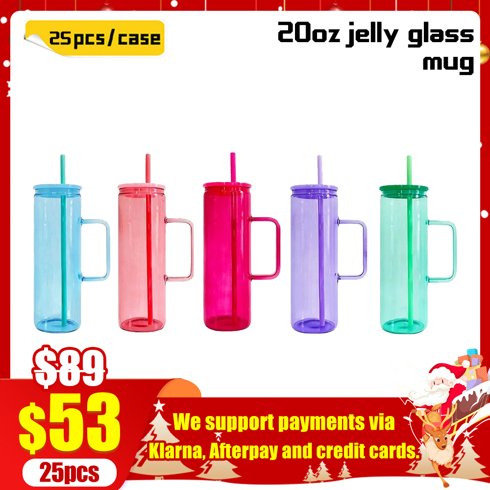 KOCDAM 25Pack 20oz Sublimation Jelly Glass Mugs With Handles With Plastic Colored Lids And Plastic Colored Straw
