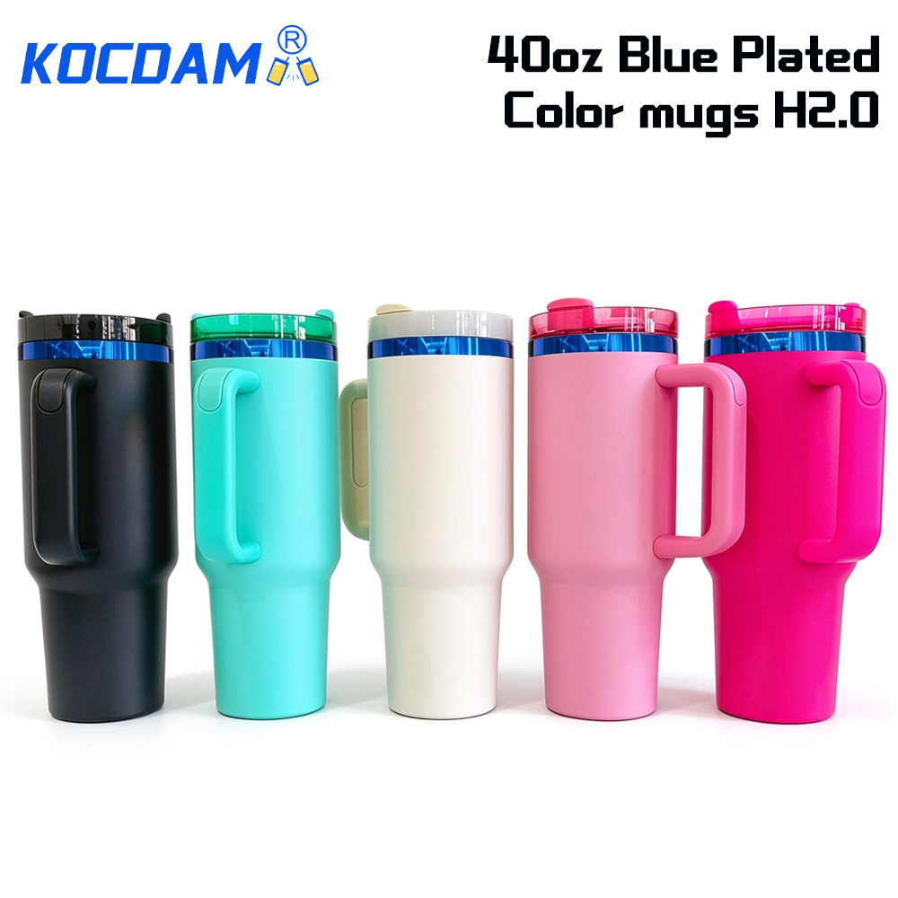 KOCDAM 20 Pack 40oz Colors Engraved Mugs Powder-Coated Mugs Blue Underneath With Plastic Straws