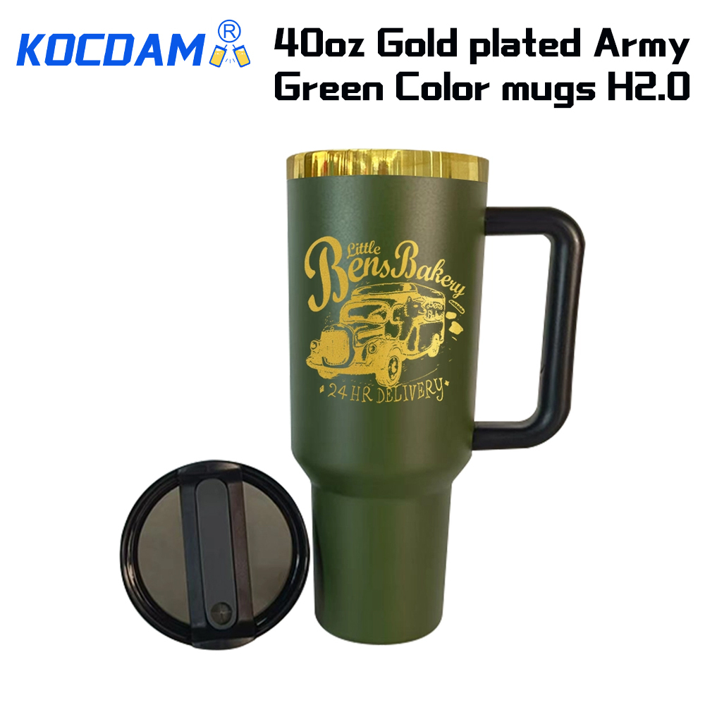 KOCDAM 20 Pack 40oz Army Engraved Mugs Powder-Coated Mugs Gold Underneath With Plastic Straws