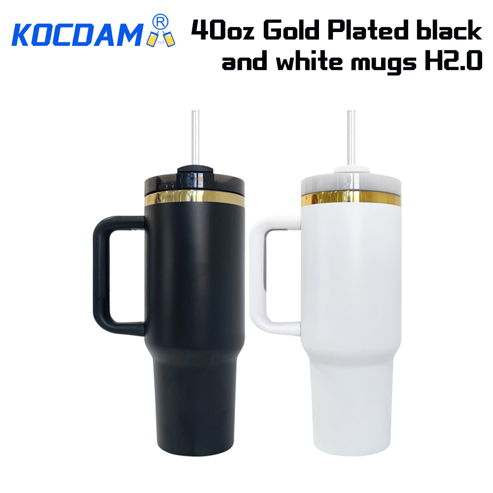 KOCDAM 20 Pack 40oz Black And Whie Engraved Mugs Powder-Coated Mugs Gold Underneath With Plastic Straws