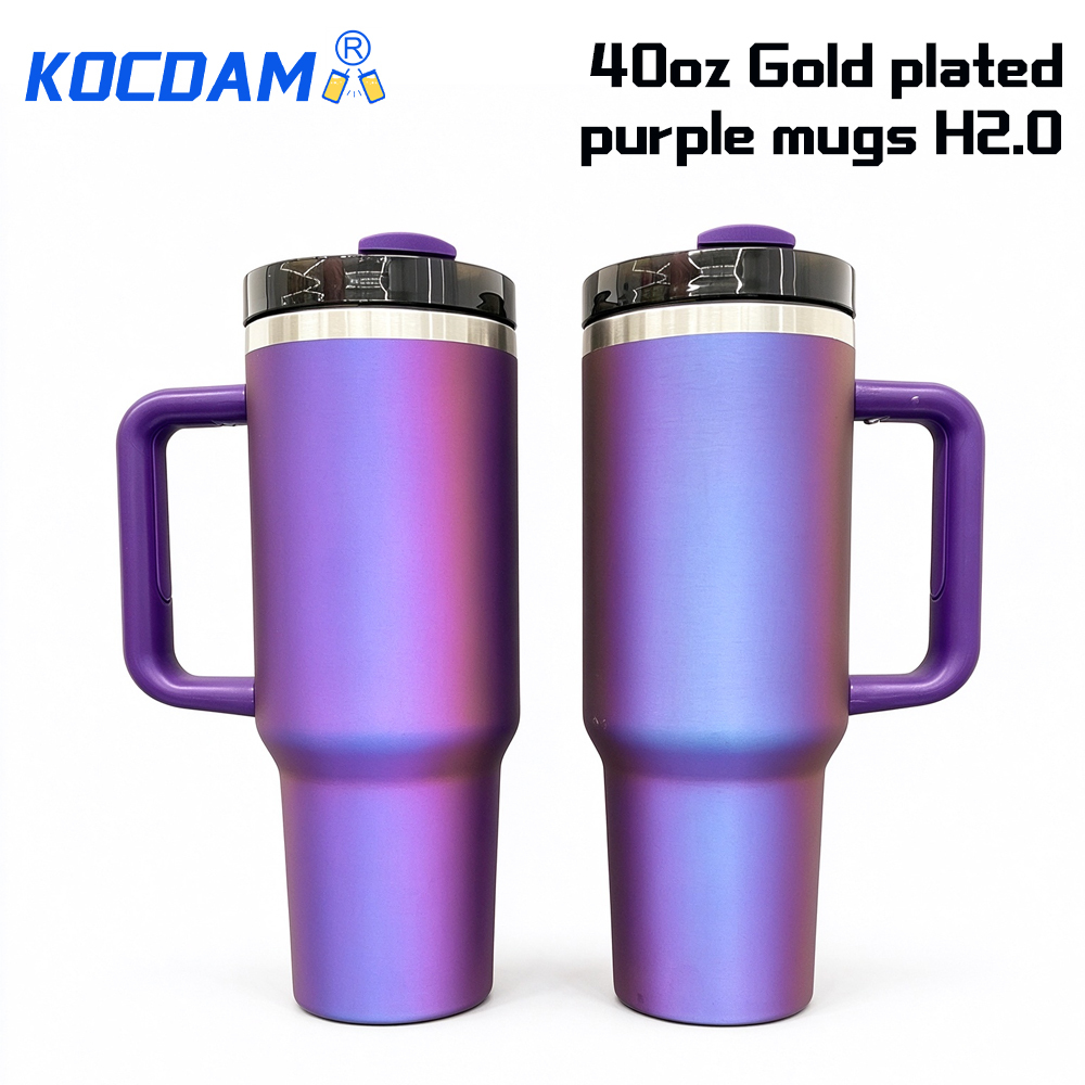 KOCDAM 20 Pack 40oz Purple Engraved Mugs Powder-Coated Mugs Gold Underneath With Plastic Straws