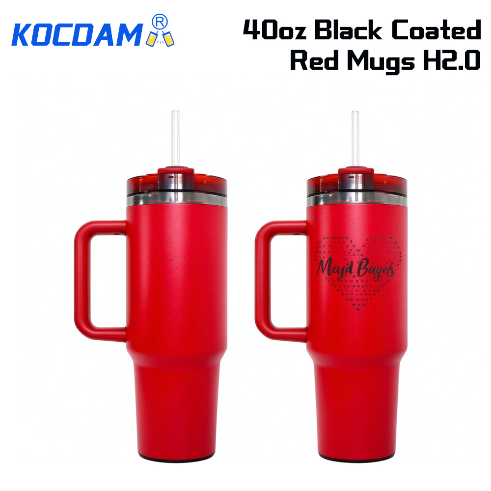 KOCDAM 20 Pack 40oz Red Engraved Mugs Powder-Coated Mugs  Black Underneath With Plastic Straws