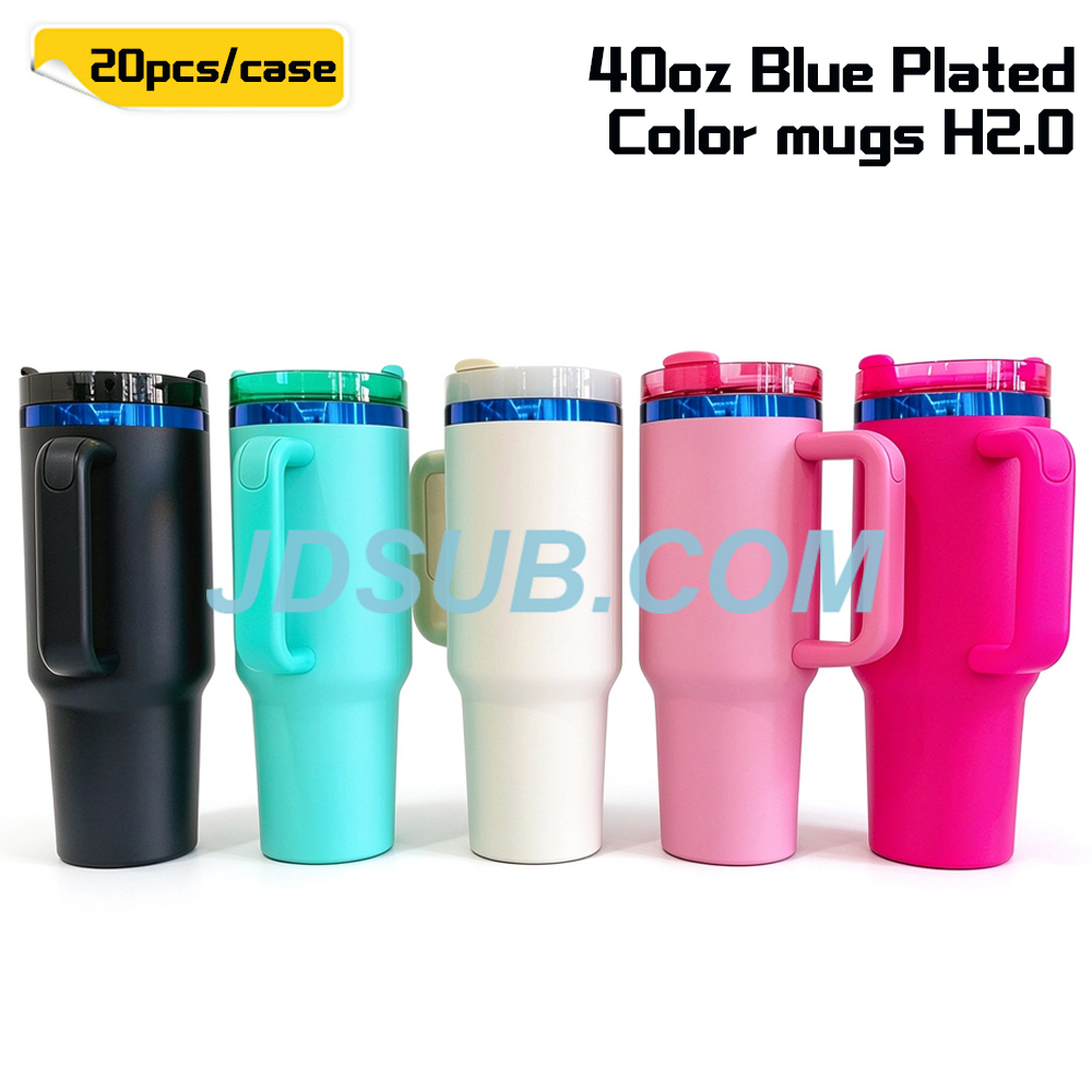 KOCDAM 20 Pack 40oz Colors Engraved Mugs Powder-Coated Mugs Blue Underneath With Plastic Straws
