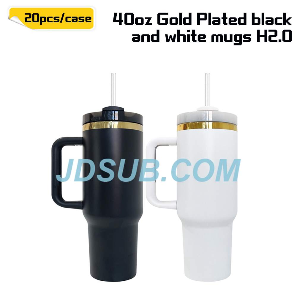 KOCDAM 20 Pack 40oz Black And Whie Engraved Mugs Powder-Coated Mugs Gold Underneath With Plastic Straws