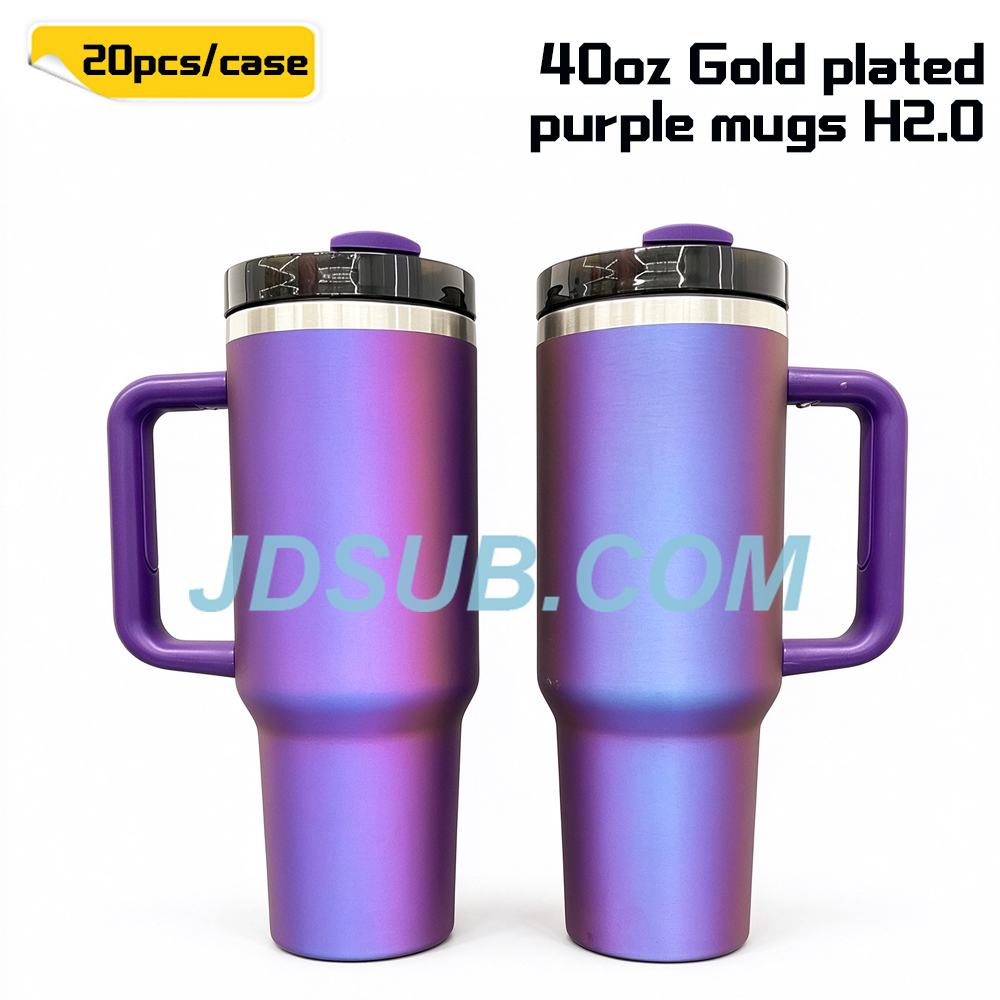KOCDAM 20 Pack 40oz Purple Engraved Mugs Powder-Coated Mugs Gold Underneath With Plastic Straws