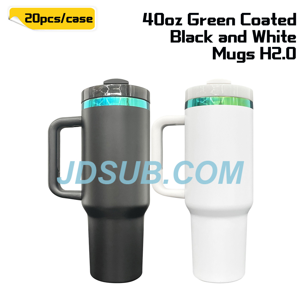 KOCDAM 20 Pack 40oz Black And White Engraved Mugs Powder-Coated Mugs Green Underneath With Plastic Straws