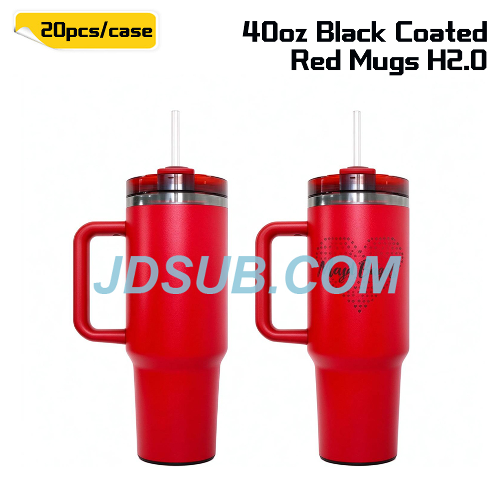 KOCDAM 20 Pack 40oz Red Engraved Mugs Powder-Coated Mugs  Black Underneath With Plastic Straws