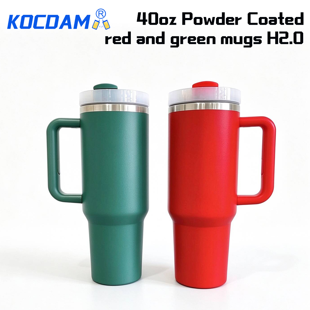 KOCDAM 20 Pack 40oz Red And Green Engraved Mugs Powder-Coated Mugs Stainless Steel Colors Underneath With Plastic Straws