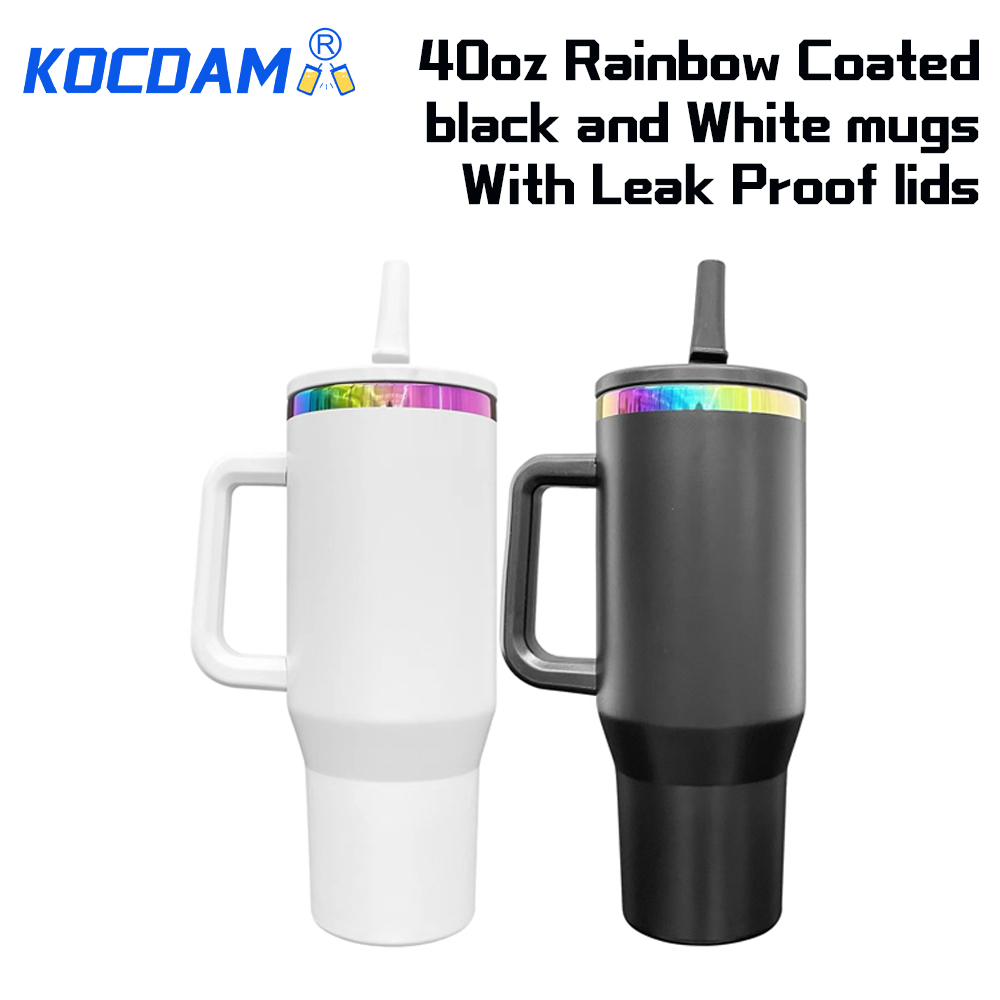 KOCDAM 16 Pack 40oz Black And Whie Engraved Mugs Powder-Coated Mugs Colors Underneath With Plastic Straws