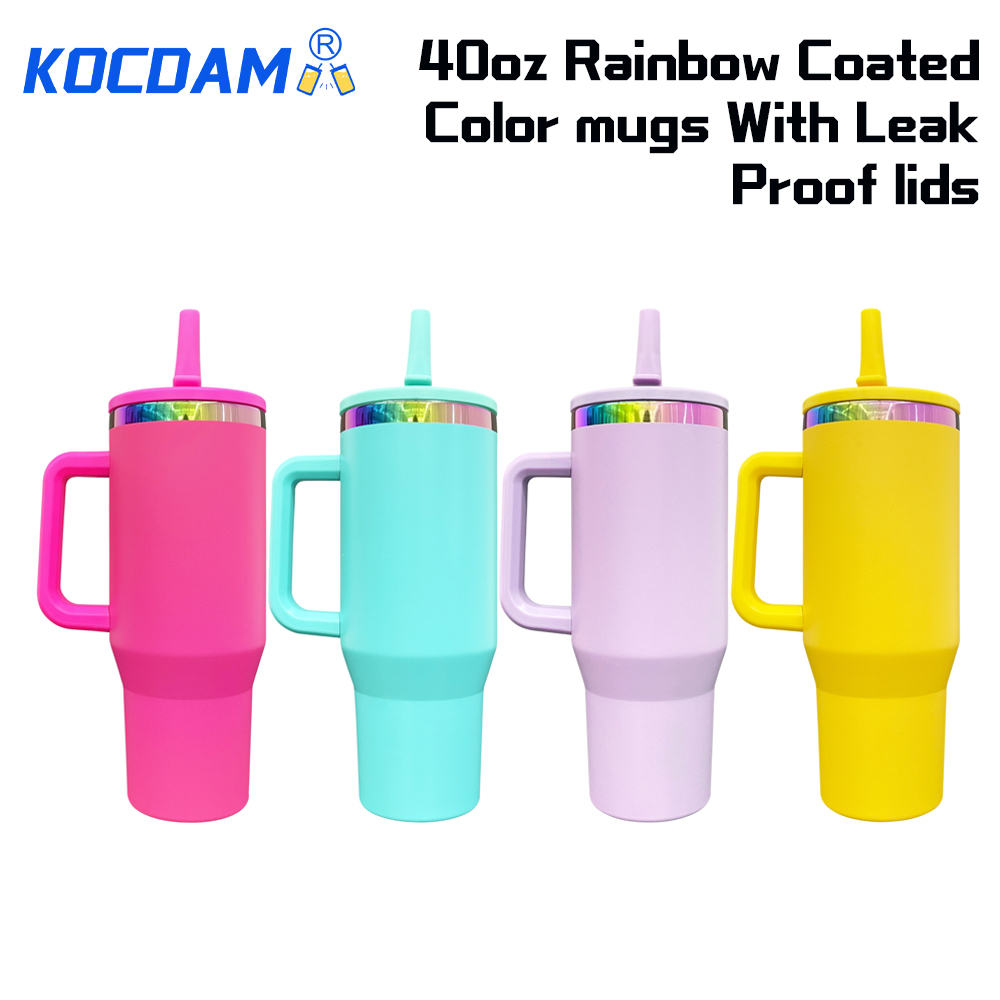 KOCDAM 16 Pack 40oz Colors  Engraved Mugs Powder-Coated Mugs Colors Underneath With Plastic Straws